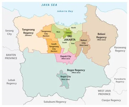 Administrative vector map of the Jakarta metropolitan area, the most populous Stockillustratie