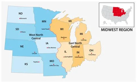 Administrative vector map of the US Census Region Midwest Stock Illustration