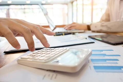 Administrator business man financial inspector and secretary making report, c Foto stock