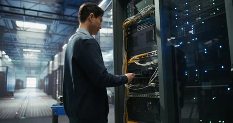Administrator Inserting Hardware in Server Racks in Data Center Stock Footage 319999277