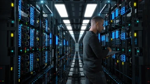 Administrator man Standing in the Server room. ProRes 10Bit. 動画素材 108187040