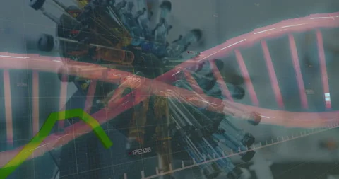 ADN and graph over rotating medical vials. 库存影片 139756768