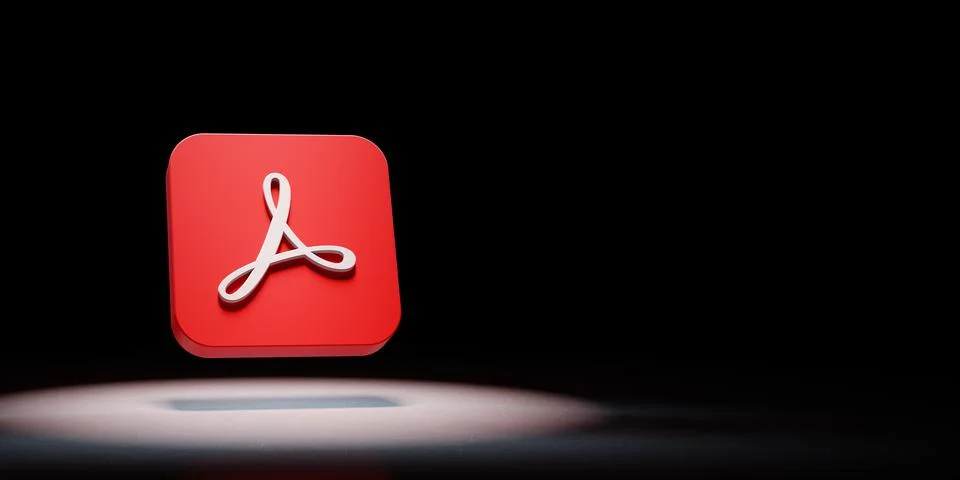 Adobe Acrobat App Icon 3D Symbol Shape Spotlighted on Black Background with C Stock Illustration