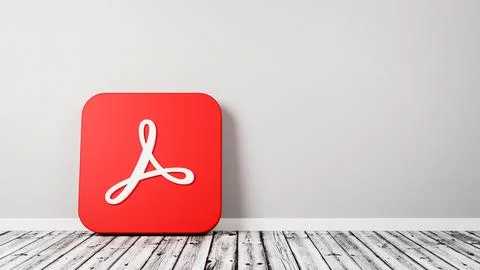 Adobe Acrobat App Icon 3D Symbol Shape on Wooden Floor Against Gray Wall with Stock Illustration