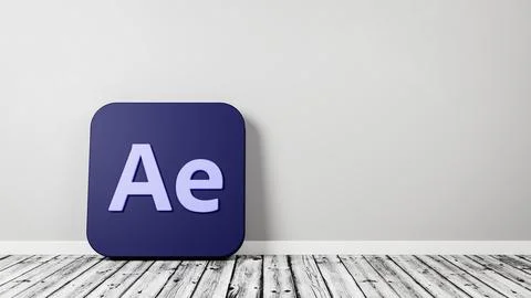 Adobe After Effects App Icon 3D Symbol Shape on Wooden Floor Against Gray Wal Stock Illustration