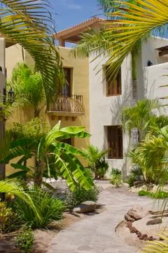 Adobe condominiums, stone sidewalk and palm trees, Loreto, Mexico. Stock Photos