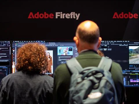 Adobe Firefly Demonstration at Technology Exhibition Stock Photos