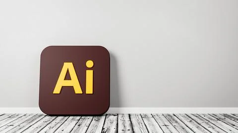 Adobe Illustrator App Icon 3D Symbol Shape on Wooden Floor Against Gray Wall  Stock Illustration