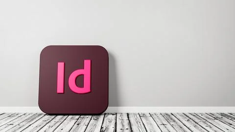 Adobe Indesign App Icon 3D Symbol Shape on Wooden Floor Against Gray Wall wit Stock Illustration