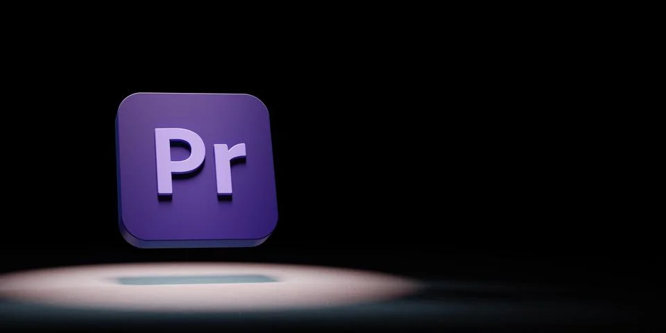 Adobe Premiere Pro App Icon 3D Symbol Shape Spotlighted on Black Background w Stock Illustration