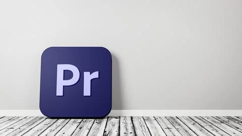 Adobe Premiere Pro App Icon 3D Symbol Shape on Wooden Floor Against Gray Wall Stock Illustration