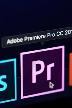 Adobe premiere pro icon on screen Stock Photos