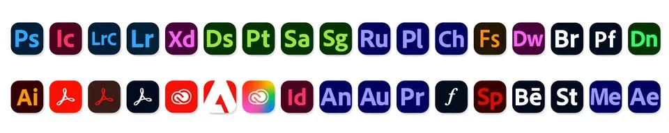 Adobe programs icons set. Photoshop, illustrator, lightroom, indesign. Adobe Stock Illustration