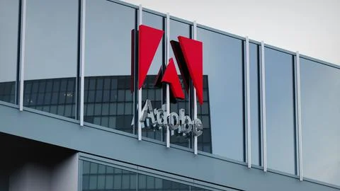 Adobe Stock data presented on the logo of the office facade editorial Stock Photos