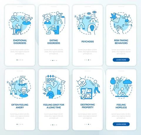 Adolescent behavior problems blue onboarding mobile app screen set Stock Illustration