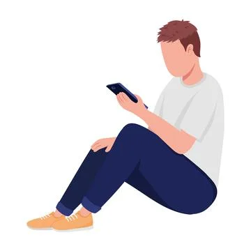 Adolescent boy looking at smartphone semi flat color vector character Stock Illustration