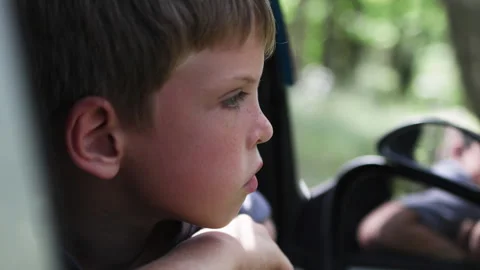 An adolescent observes the outside from inside a car. Stock Footage 315570779