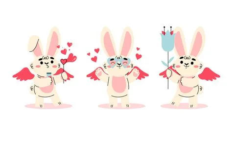 Adorable and Cute Cartoon Bunny Angels Holding Hearts and Love Elements for Stock Illustration