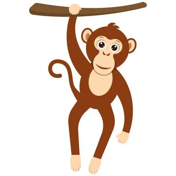 An adorable and fun cartoon monkey joyfully hanging from a sturdy branch in a Stock Illustration