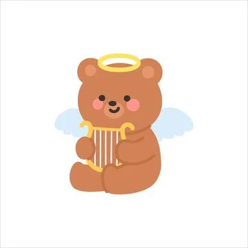 Adorable Angel Bear Sitting and Playing a Golden Harp Stock Illustration