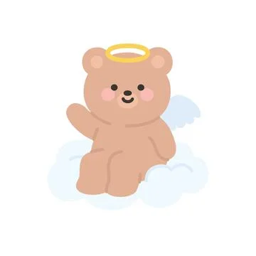Adorable Angel Bear Sitting on a Cloud and Waving Hello Ilustración de archivo