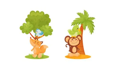 Adorable animals measuring height set. Cute monkey, fox and birds animals Stock Illustration