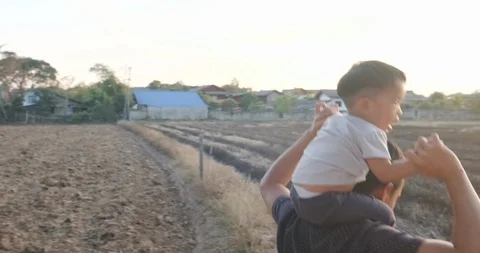 Adorable baby boy having fun ride on the neck of father in park sunset light Stock Footage 122339484