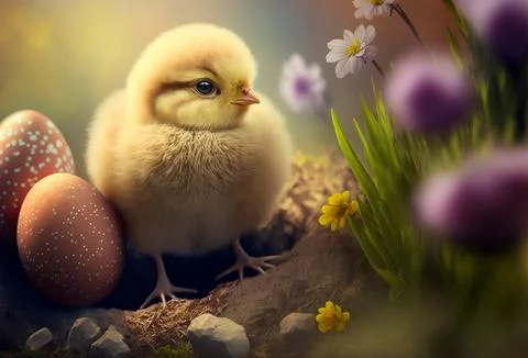 Adorable baby chick in a spring meadow with easter eggs. Generative ai Stock Illustration