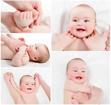 Adorable baby massage collage Stock Photos