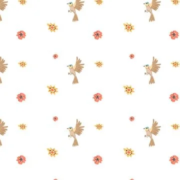 Adorable bird with flower - seamless pattern minimalistic Stock Illustration