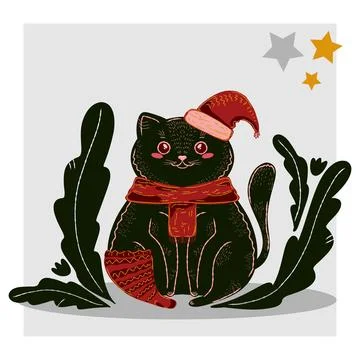 Adorable black cat in hat and scarf, with Christmas sock, in winter decoratio Stock Illustration