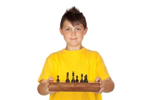 Adorable boy with a chess game Stock Photos