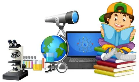 Adorable boy on isolated white background with science STEM theme Stock Illustration