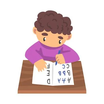 Adorable Boy Learning to Write, Elementary School Student Making Homework Stock Illustration