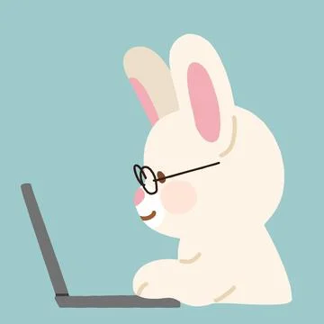 Adorable bunny with glasses on using a laptop flat colored Stock Illustration