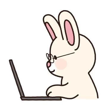 Adorable bunny with glasses on using a laptop outlined Stock Illustration