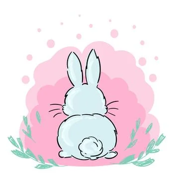 Adorable bunny rabbit back side on pink with leaves. Cartoon character. Spring Stock Illustration