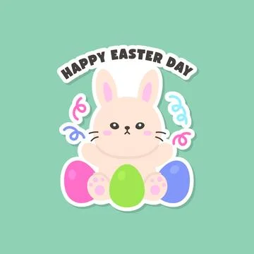 Adorable Bunny Surrounded by Easter Eggs with Happy Easter Day Text Stock Illustration