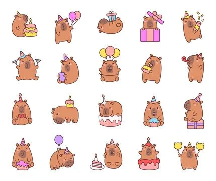 Adorable capybara birthday set featuring Stock Illustration