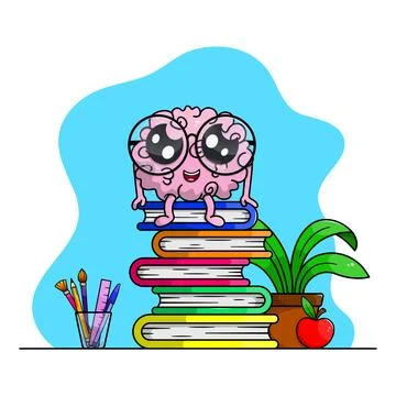 Adorable cartoon brain sitting on a stack of books. Stock Illustration