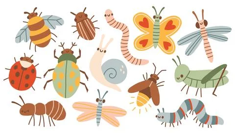 Adorable cartoon insects vector set. Cute caterpillar, butterfly, ladybug, bee Illustrazione stock