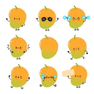 Adorable cartoon mango characters expressing different emotions with sunglass 스톡 일러스트