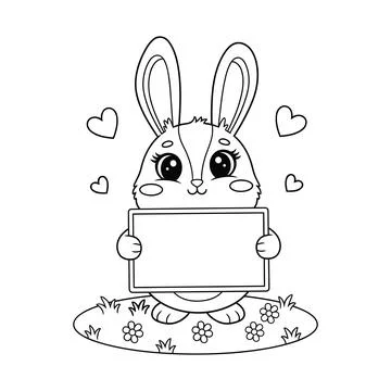 Adorable Cartoon Rabbit Holding Empty Banner Coloring Sheet Stock Illustration