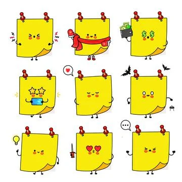 Adorable cartoon sticky notes displaying a wide range of emotions and holdi.. Stock Illustration