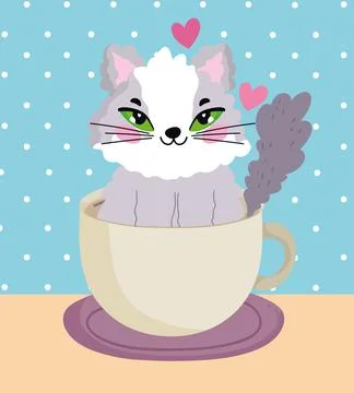 Adorable cat inside coffee cup cartoon Stock Illustration