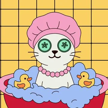 Adorable Cat Relaxing in Bubble Bath with Cucumber Eyes Stock-Illustration