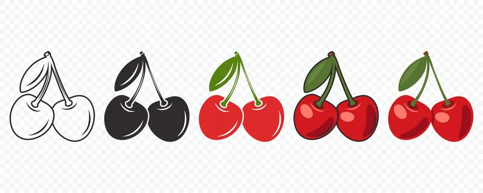 Adorable Cherry Icon Set. Cute Cherries for Valentine s Day, Love, Romance Stock Illustration