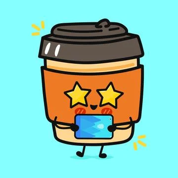 An adorable Coffee cup character using a tablet with star eyes and a big sm.. Stock Illustration