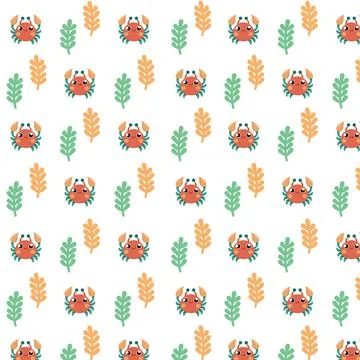 Adorable Crab and Leaf Pattern in Vibrant Summer Colors Stock Illustration
