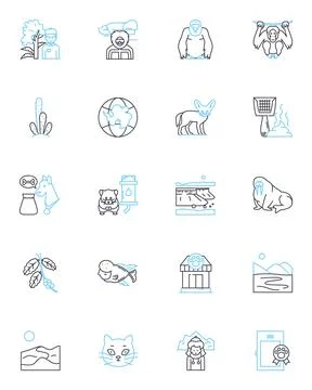 Adorable creatures linear icons set. Cuddly, Smiling, Fluffy, Playful, Furry Stock Illustration